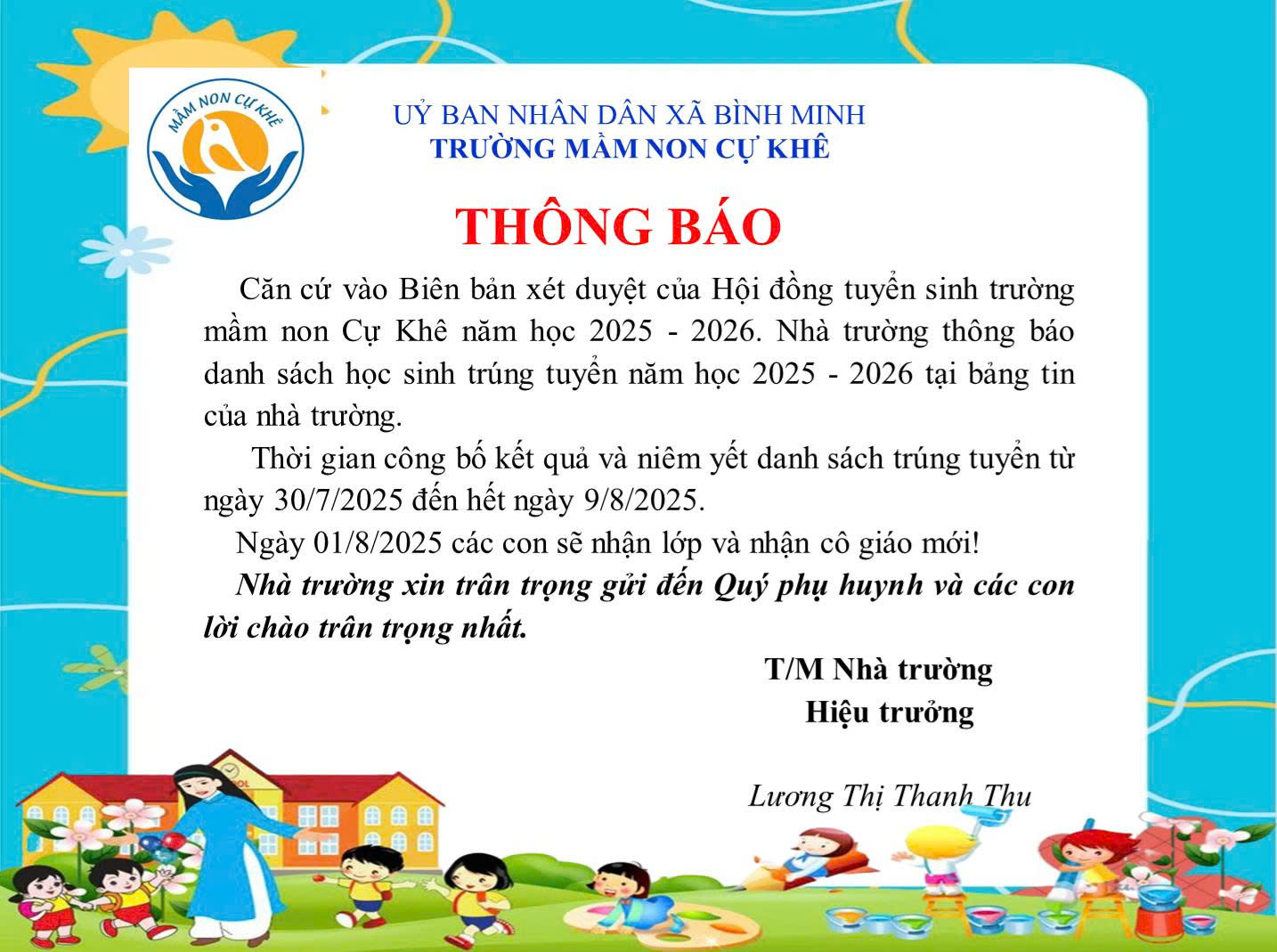 Trường mầm non Cự Khê thông báo danh sách học sinh trúng tuyển năm học 2025 - 2026